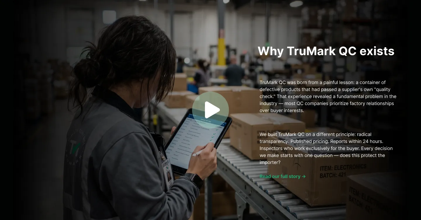 TruMark QC inspector reviewing a quality checklist on a tablet in a warehouse